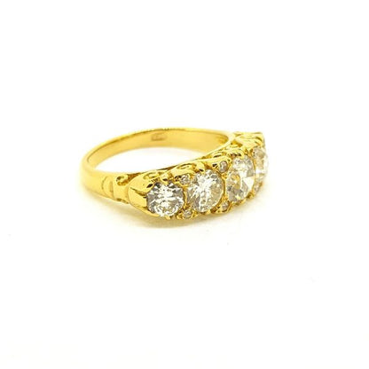 Antique Victorian Diamond Five Stone Ring, 2.10 carat total, 18ct yellow gold carved scrolled ring set with five diamonds