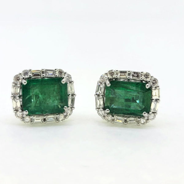 3.63ct Emerald and Diamond Cluster Earrings, 3.63cts green emeralds within 1.02cts brilliant and baguette-cut diamond surrounds in 18ct white gold