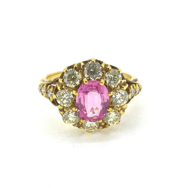 Antique Style 1.25ct Pink Sapphire and Diamond Cluster Ring in 18ct Yellow Gold