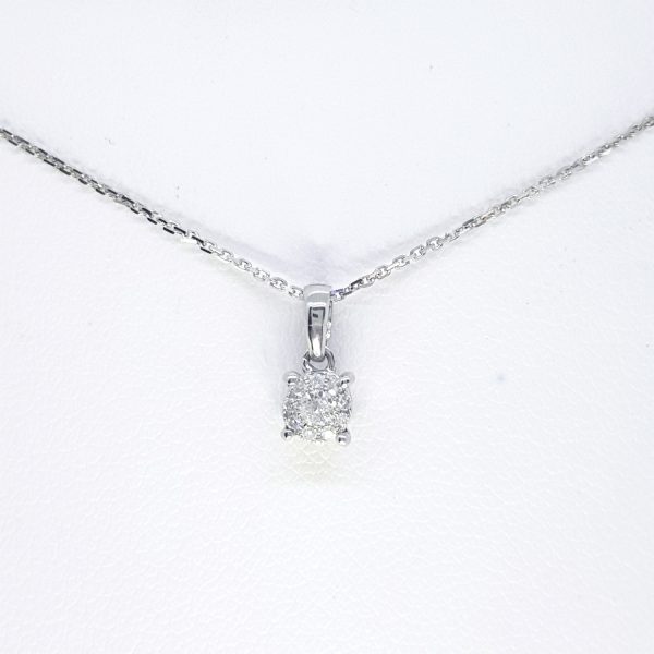 Diamond Cluster Pendant and White Gold Chain; elegant 0.08ct diamond cluster pendant in circular form, suspended from a white gold bale to a white gold chain