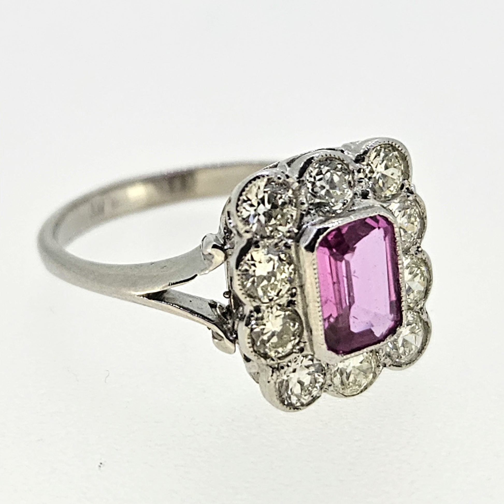 1ct Pink Sapphire and Diamond Floral Cluster Engagement Ring in Platinum
