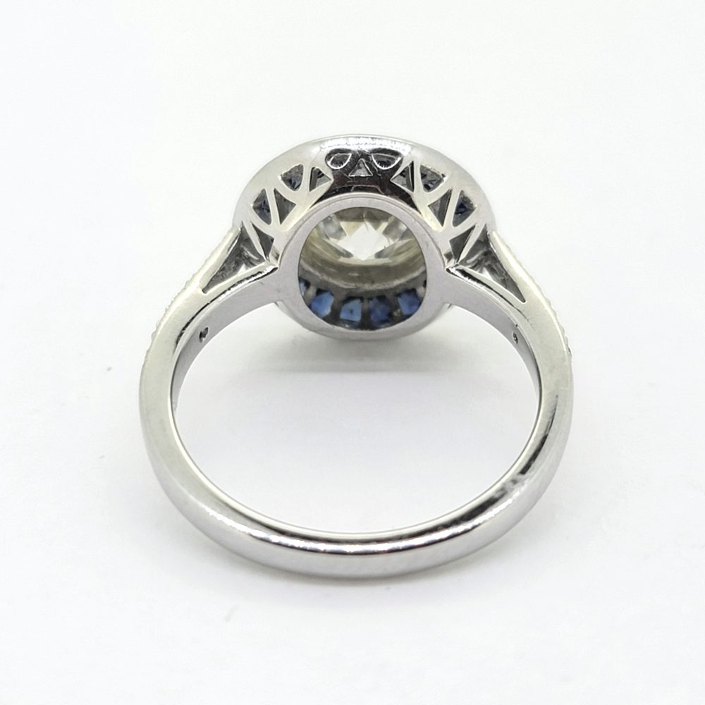 2.22ct Old Cut Diamond and Calibre Sapphire Target Engagement Ring