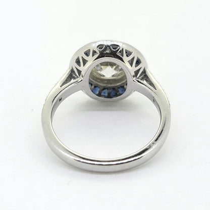 2.22ct Old Cut Diamond and Calibre Sapphire Target Engagement Ring