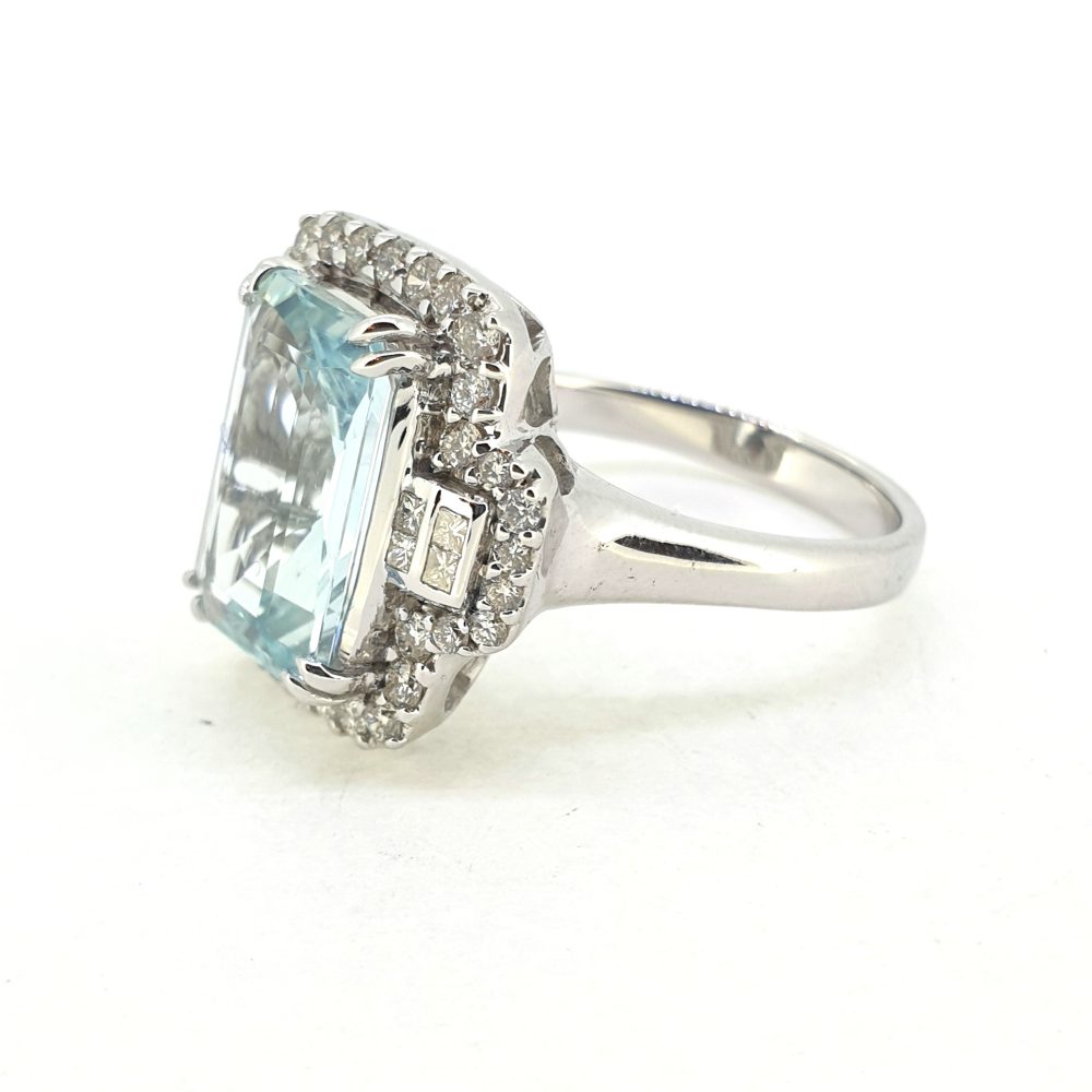 Aquamarine and Diamond Cluster Dress Ring with Princess Cut Diamond Shoulders
