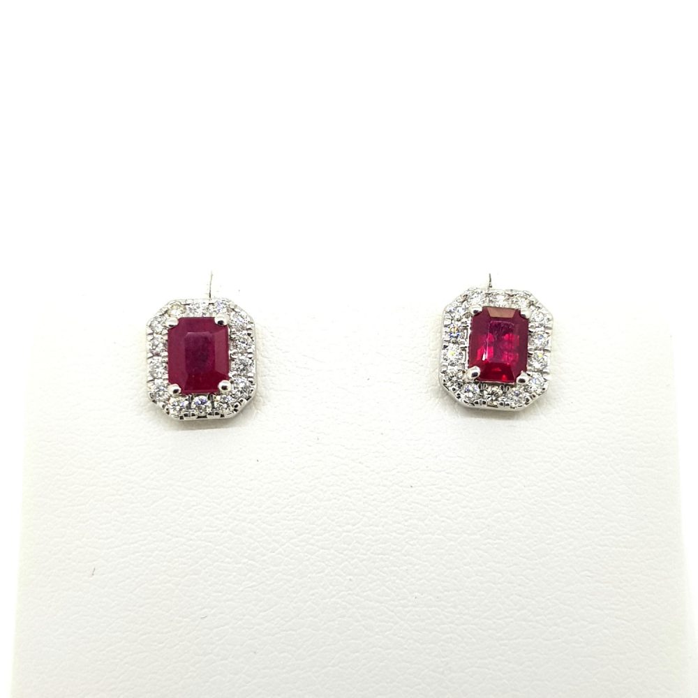 1.03ct Emerald Cut Ruby and Diamond Cluster Stud Earrings