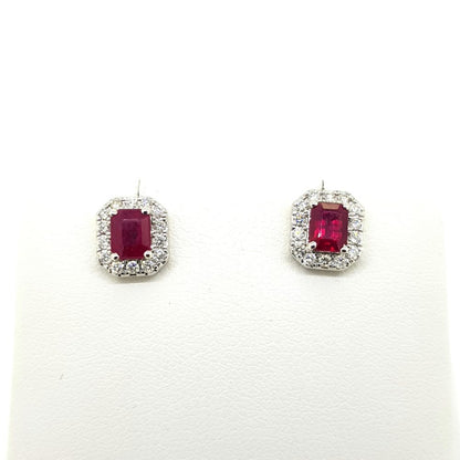 1.03ct Emerald Cut Ruby and Diamond Cluster Stud Earrings