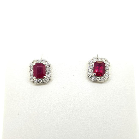 1.03ct Emerald Cut Ruby and Diamond Cluster Stud Earrings