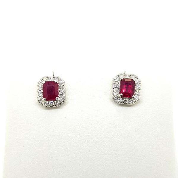 1.03ct Emerald Cut Ruby and Diamond Cluster Stud Earrings