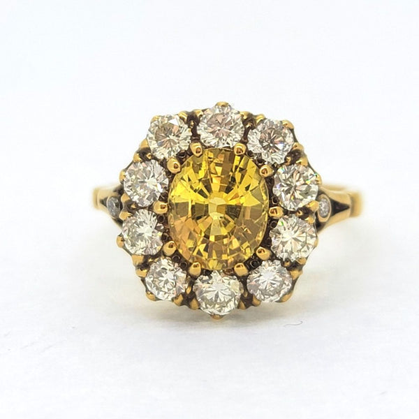 Antique Style 2.2ct Yellow Sapphire and Diamond Crown Cluster Engagement Ring, oval yellow sapphire sit central in crown setting surrounded by 1.30cts diamonds in 18ct yellow gold
