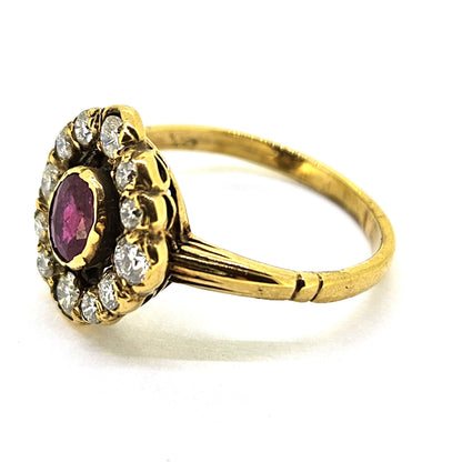 Ruby and Diamond Halo Cluster Engagement Ring in Yellow Gold
