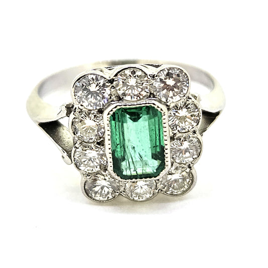 Emerald and Diamond Floral Cluster Engagement Ring