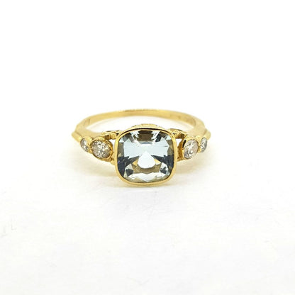 Modern 1.60ct Cushion Cut Aquamarine and Diamond Dress Ring in 18ct Yellow Gold