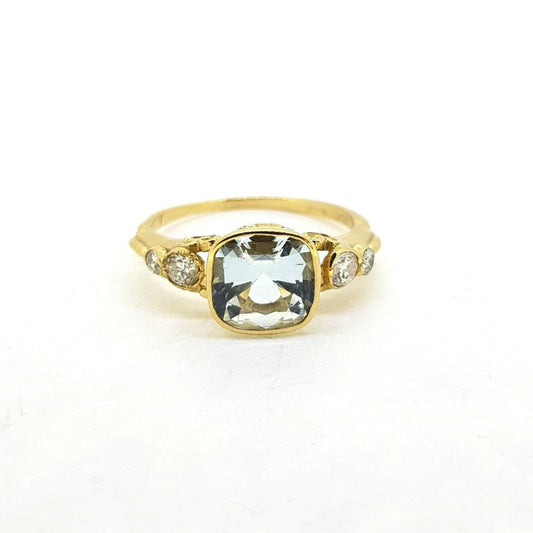 Modern 1.60ct Cushion Cut Aquamarine and Diamond Dress Ring in 18ct Yellow Gold