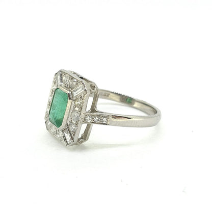 0.90ct Emerald and Diamond Cluster Dress Ring in Platinum