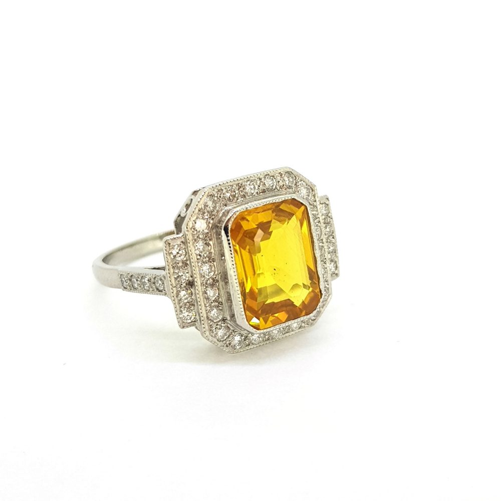 Art Deco Style 3.60ct Yellow Sapphire and Diamond Cluster Dress Ring in Platinum