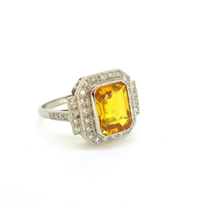 Art Deco Style 3.60ct Yellow Sapphire and Diamond Cluster Dress Ring in Platinum