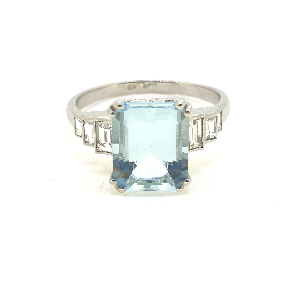 2.80ct Aquamarine and Baguette Diamond Engagement Ring in Platinum