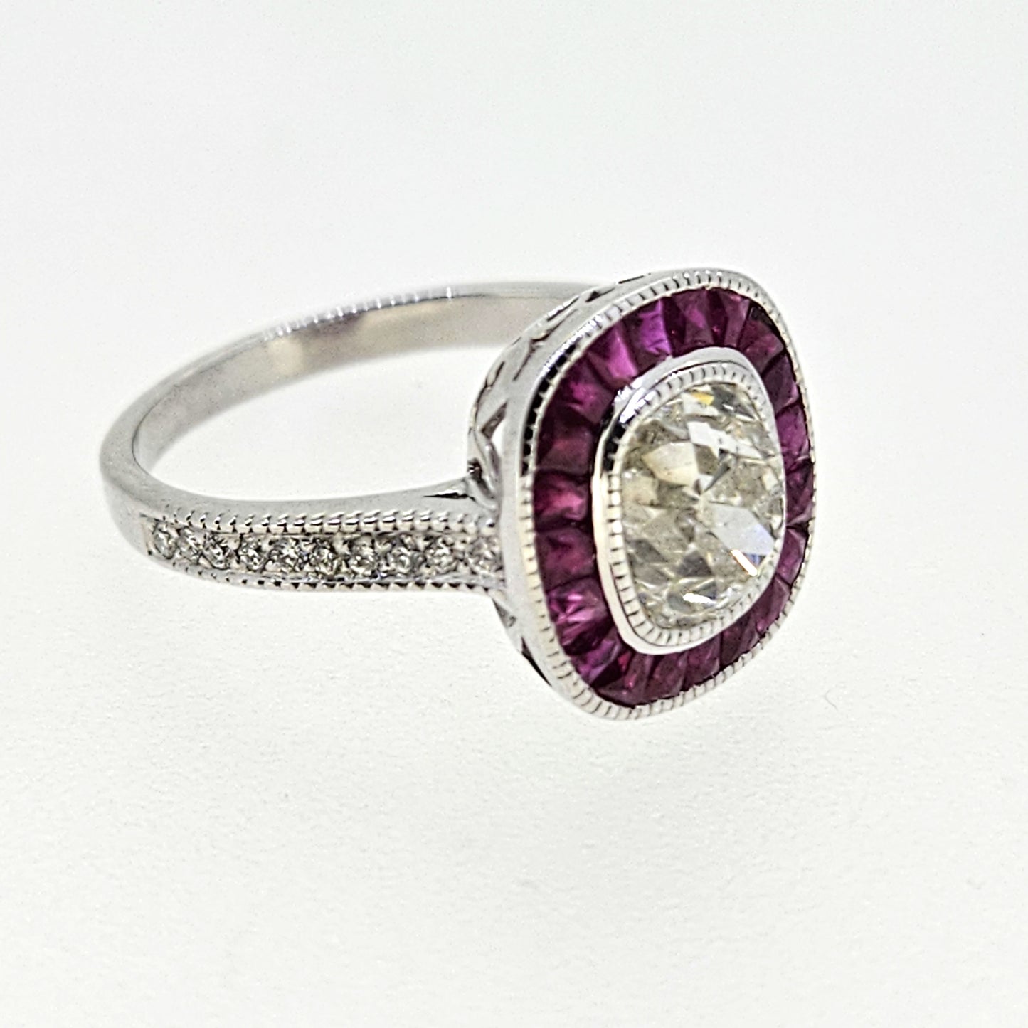 1.68ct Old Cushion Cut Diamond and Calibre Ruby Target Cluster Engagement Ring