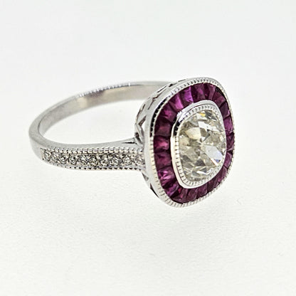 1.68ct Old Cushion Cut Diamond and Calibre Ruby Target Cluster Engagement Ring