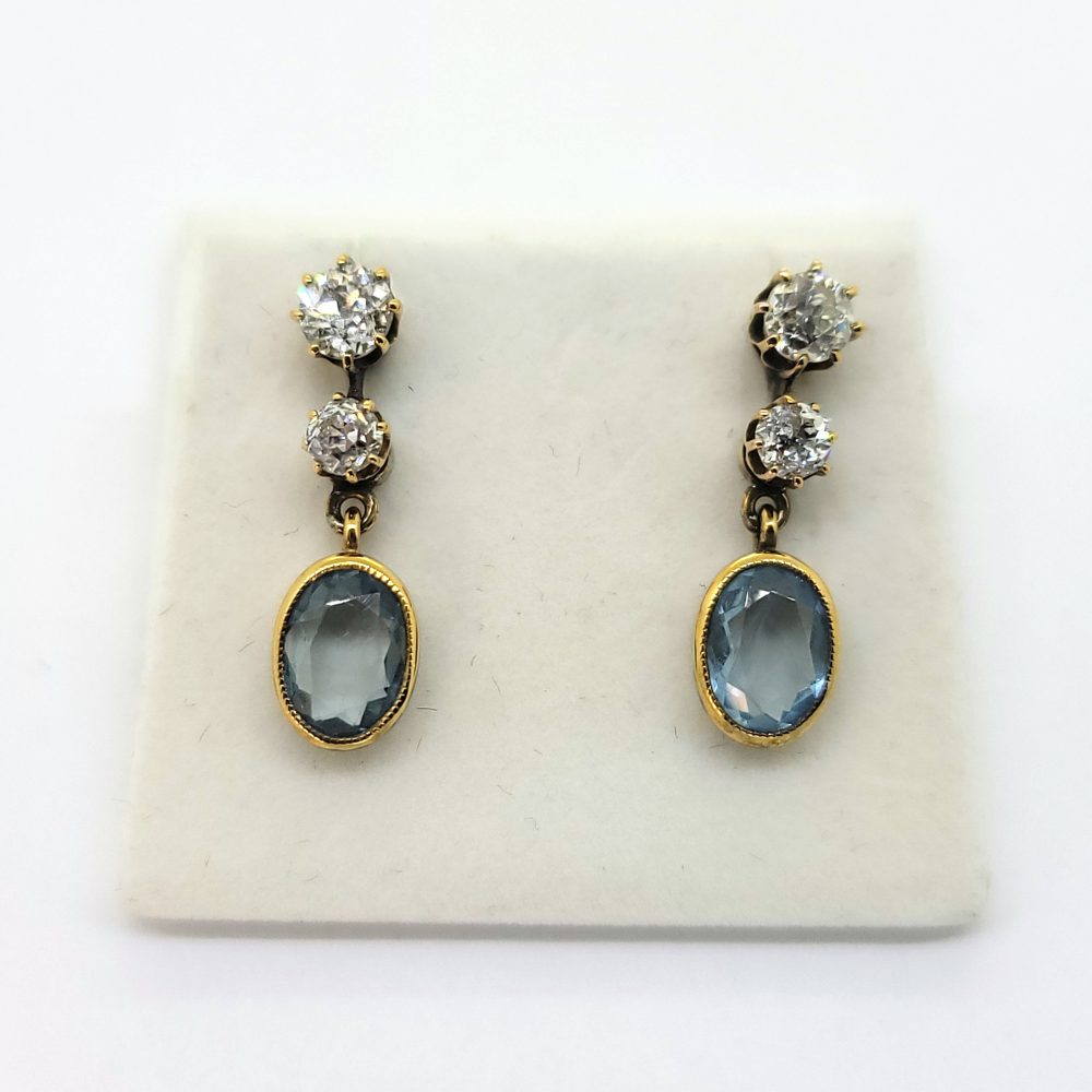 Vintage Aquamarine and Old Cut Diamond Drop Earrings