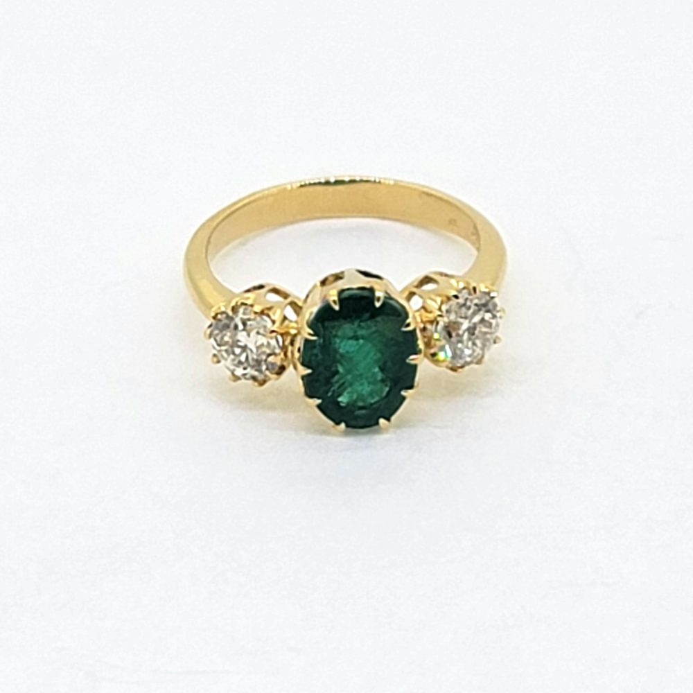 2.32ct Oval Emerald and 1ct Diamond Three Stone Trilogy Engagement Ring in 18ct Yellow Gold