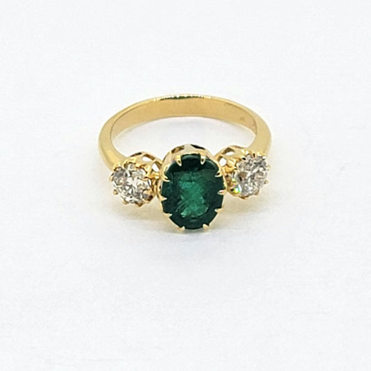2.32ct Oval Emerald and 1ct Diamond Three Stone Trilogy Engagement Ring in 18ct Yellow Gold