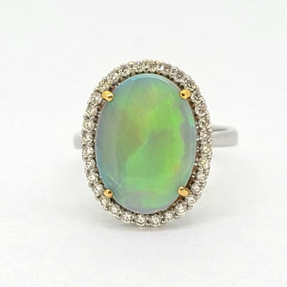 3.68ct Oval Cabochon Opal and Diamond Halo Cluster Ring