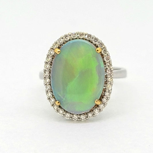 3.68ct Oval Cabochon Opal and Diamond Halo Cluster Ring