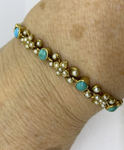 Antique Edwardian Turquoise and Pearl Bracelet in 15ct Yellow Gold