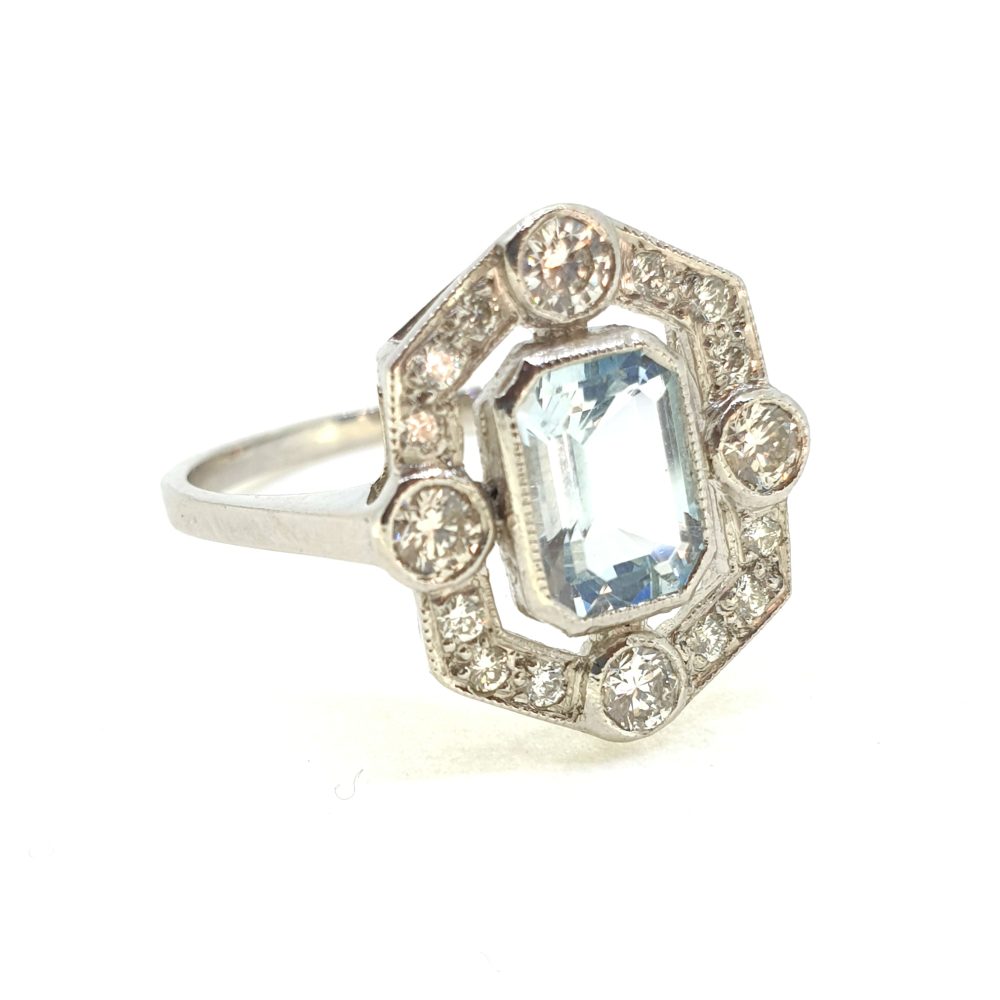 0.90ct Emerald Cut Aquamarine and Diamond Fixed Halo Cluster Ring