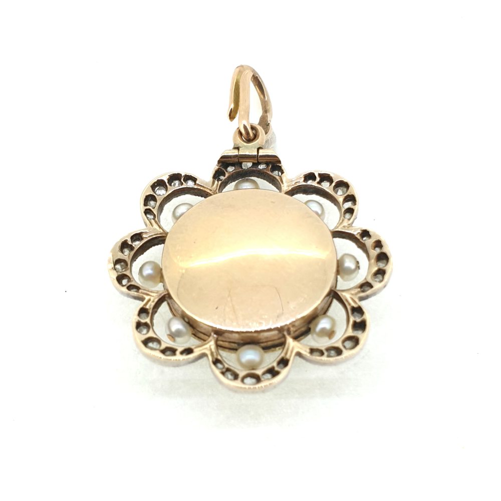 Edwardian Antique Green Enamel Diamond and Pearl Flower Pendant