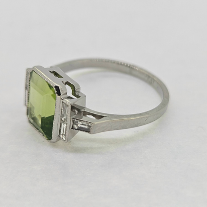 2.60ct Emerald Cut Peridot Ring with Baguette Diamonds in Platinum