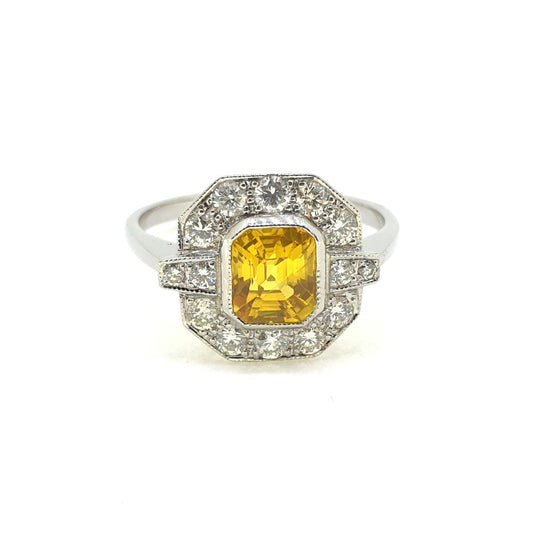 1.50ct Octagonal Cut Yellow Sapphire and Diamond Cluster Ring in Platinum
