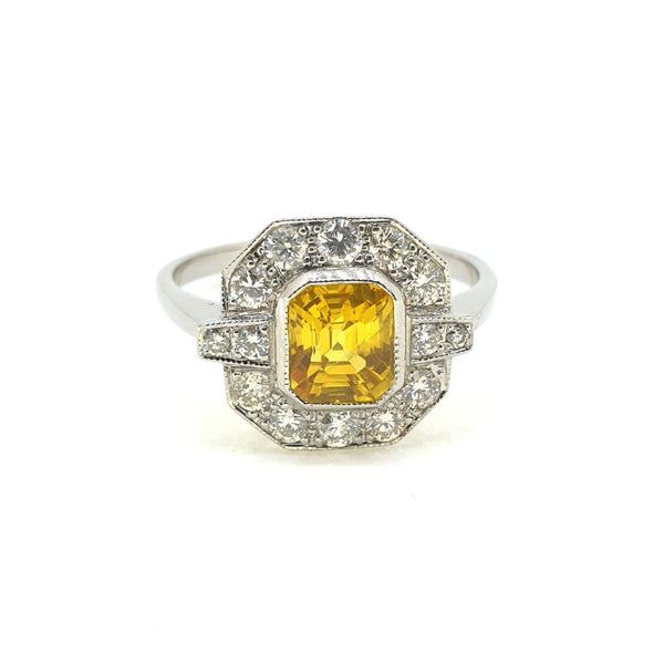 1.50ct Octagonal Cut Yellow Sapphire and Diamond Cluster Ring in Platinum