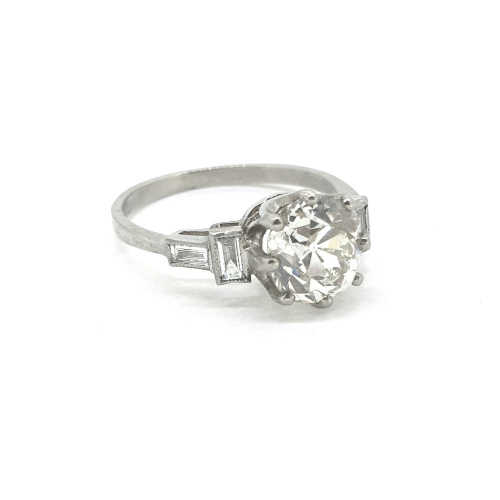 Vintage 2.25ct Cushion Cut Diamond Solitaire Engagement Ring with Baguette Shoulders in Platinum with Certificate