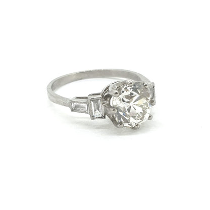 Vintage 2.25ct Cushion Cut Diamond Solitaire Engagement Ring with Baguette Shoulders in Platinum with Certificate