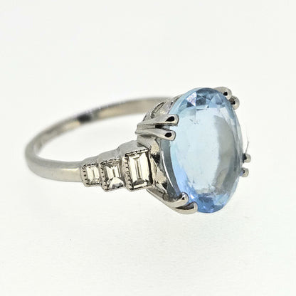 5ct Oval Aquamarine Solitaire Engagement Ring in Platinum with Baguette Diamond Shoulders