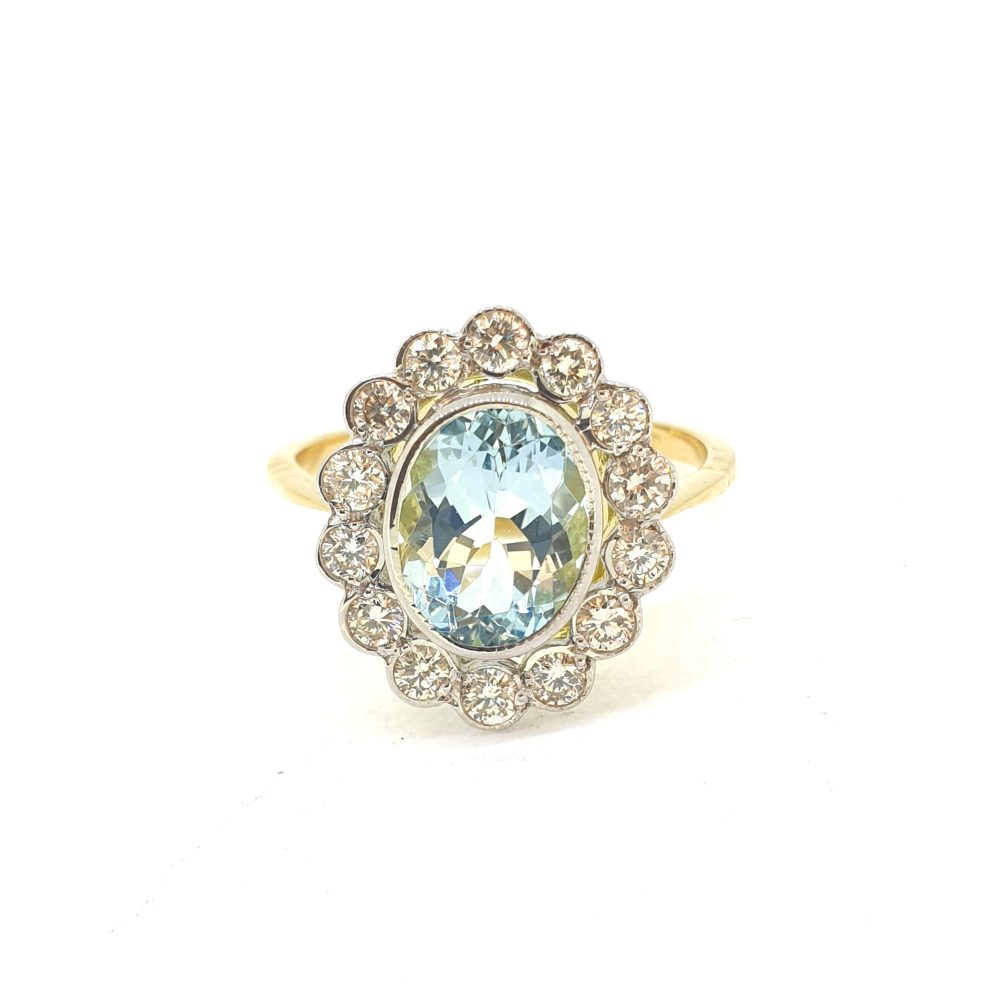 1.70ct Aquamarine and Diamond Oval Floral Cluster Ring