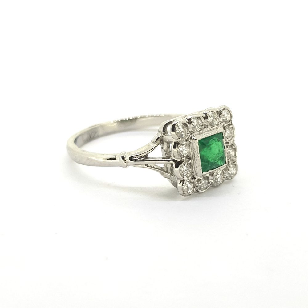 Edwardian Style Vintage Emerald and Diamond Cluster Ring in Platinum, Circa 1970s