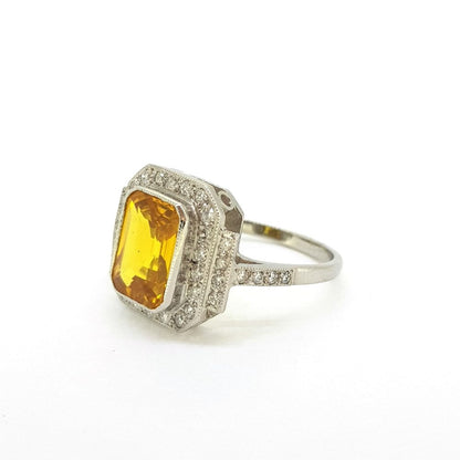 Art Deco Style 3.60ct Yellow Sapphire and Diamond Cluster Dress Ring in Platinum