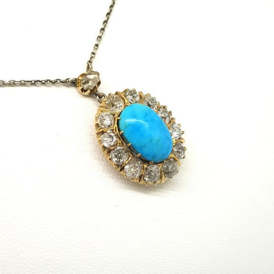 Antique Victorian Turquoise and 2ct Old Cut Diamond Pendant