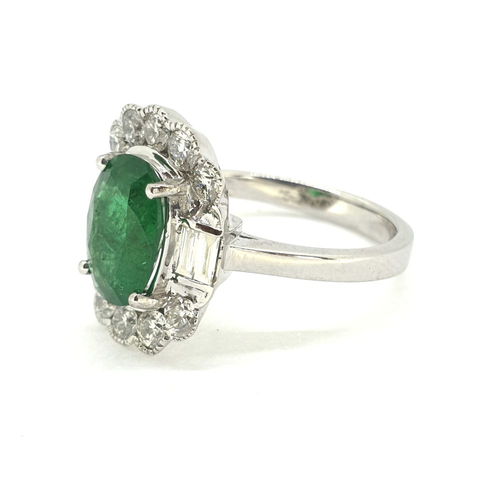 2.07ct Oval Emerald and Diamond Cluster Engagement Ring