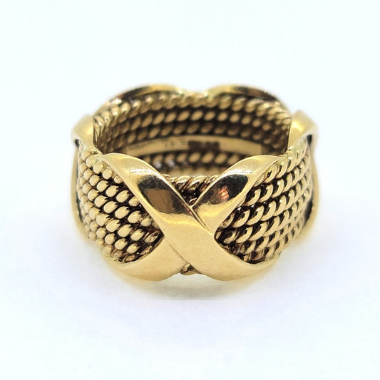 Vintage Jean Schlumberger Tiffany and Co Gold Rope Ring, six rows of 18ct yellow gold rope design to central 'X' kiss/cross