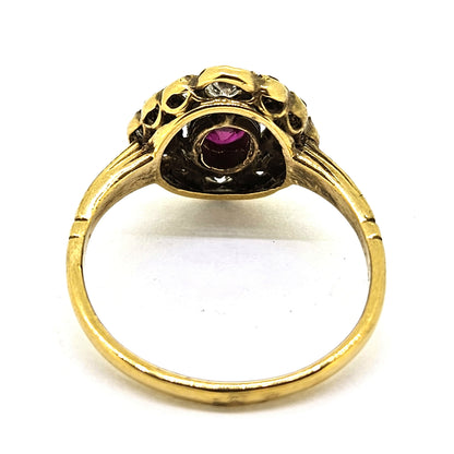 Ruby and Diamond Halo Cluster Engagement Ring in Yellow Gold