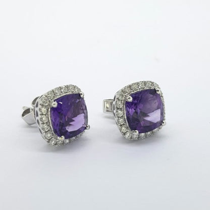 Amethyst and Diamond Cluster Stud Earrings; featuring 3.78cts square cushion amethysts surrounded by 0.54cts fine brilliant cut diamonds, in 18ct white gold