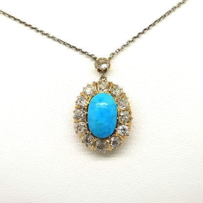 Antique Victorian Turquoise and Old Cut Diamond Pendant; central oval cabochon-cut turquoise surrounded by 2cts old-cut diamonds, in 18ct yellow gold