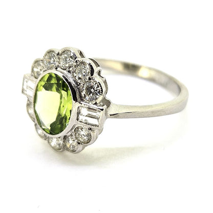 1.20ct Oval Peridot and Diamond Cluster Floral Cluster Ring in Platinum