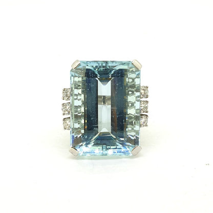 44.21ct Emerald Cut Aquamarine and Diamond Cocktail Ring in 14ct White Gold