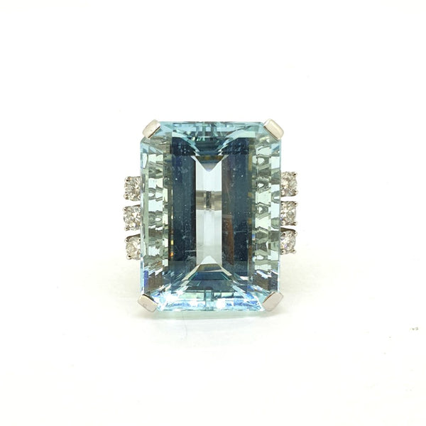 44.21ct Emerald Cut Aquamarine and Diamond Cocktail Ring in 14ct White Gold