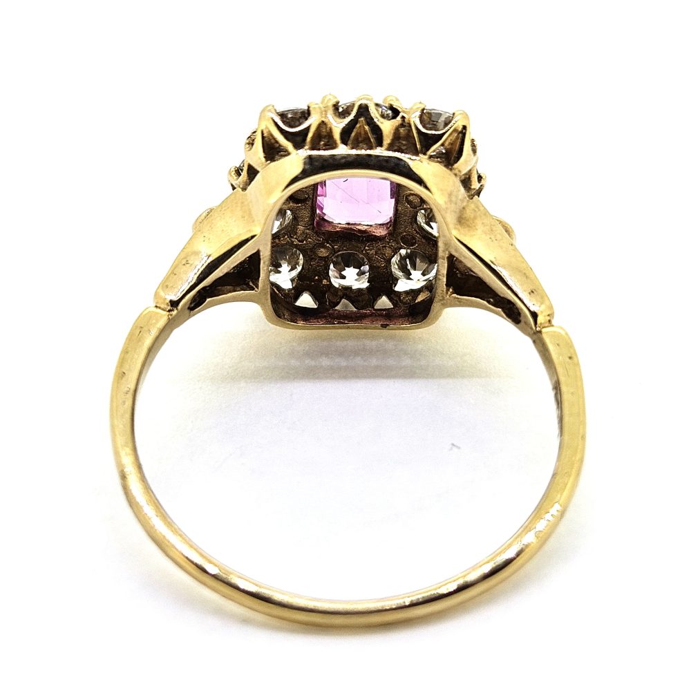 Antique Style Pink Sapphire and Diamond Crown Cluster Ring in Yellow Gold
